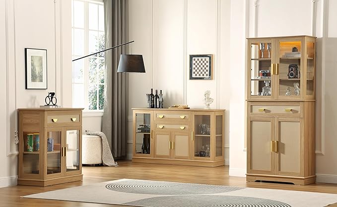 58.27'' Buffet Cabinet with 2 Drawers and Adjustable Shelves,Large Glass Door Coffee Bar Cabinet,Modern Farmhouse Sideboard Credenza for Kitchen,Natrual
