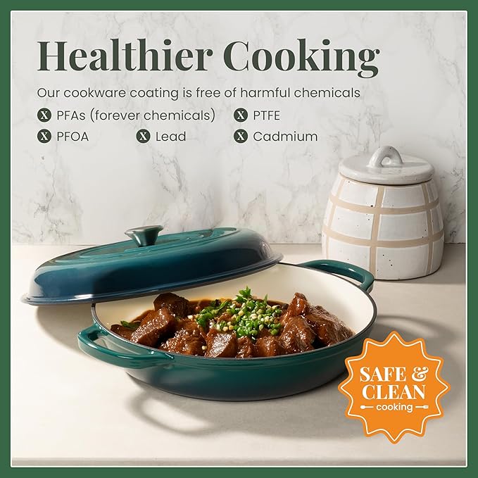 Larder & Vine Enameled Cast Iron Braiser | 3.6 qt Braiser Pan with Lid | Shallow Dutch Oven Compatible on All Cooktops | Casserole Dish Oven Safe to 500째 F | Dual Handles | Bondi