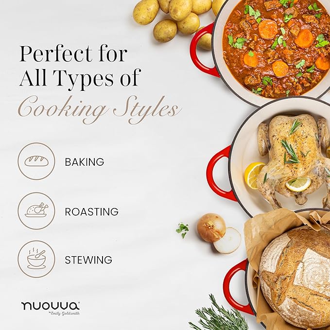 Nuovva Enamelled Cast Iron Dutch Oven Pot with Lid ??6.4 Quart Non Stick Casserole Pot ??Heavy Duty & Oven Safe up to 500째 F for Bread Baking, Braising, Stews, Roasting ??28cm Red