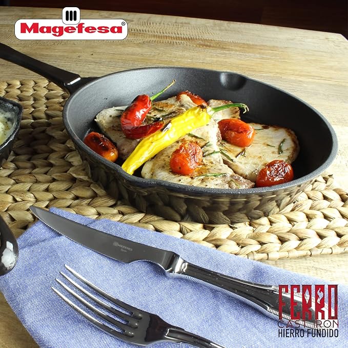 MAGEFESA FERRO 10" Enameled Cast Iron Black Skillet, Superior Heat Retention & Distribution, Compatible with All Cooktops, Induction & Oven Safe, Energy-Efficient, Durable, Easy to Clean