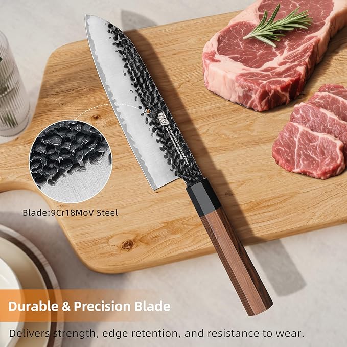 FINDKING Dynasty Series Japanese Santoku Knife, Professional Kitchen Knife, 9Cr18MoV High Carbon Steel Blade, African Rosewood Octagonal Handle, for Meat, Fruits, Vegetables, 7 Inches