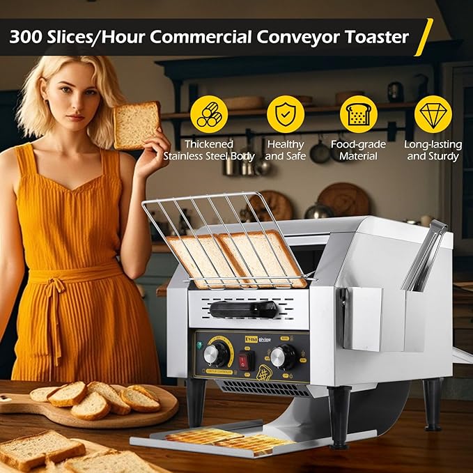 Dyna-Living Commercial Toaster 300 Slices/Hour Conveyor Toaster Commercial 1900W Heavy-duty Stainless Steel Rotating Toasters Oven Restaurant Conveyor Belt Toasters for Bun, Bagel, Bread