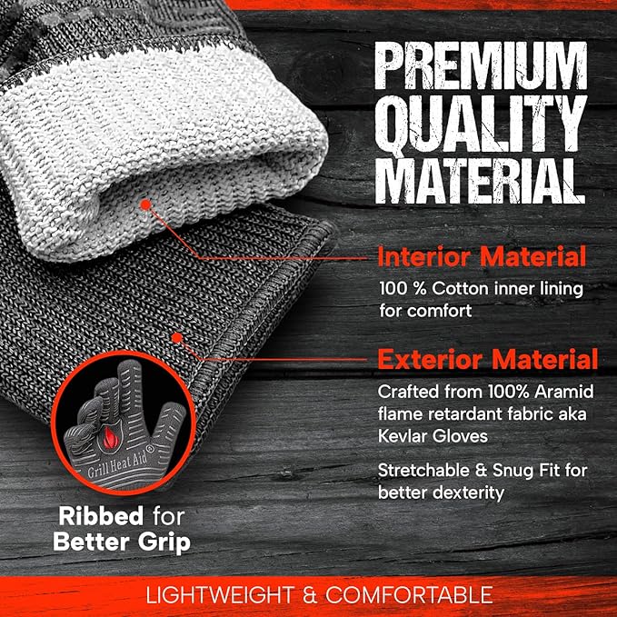 GRILL HEAT AID BBQ Grill Gloves 1472째F - Extreme Heat Resistant Oven Mitts for Grilling, Smoker & Fire Pit with Silicone Grip & EN407 Cut Resistance - Short Cuff, Dusky Gray