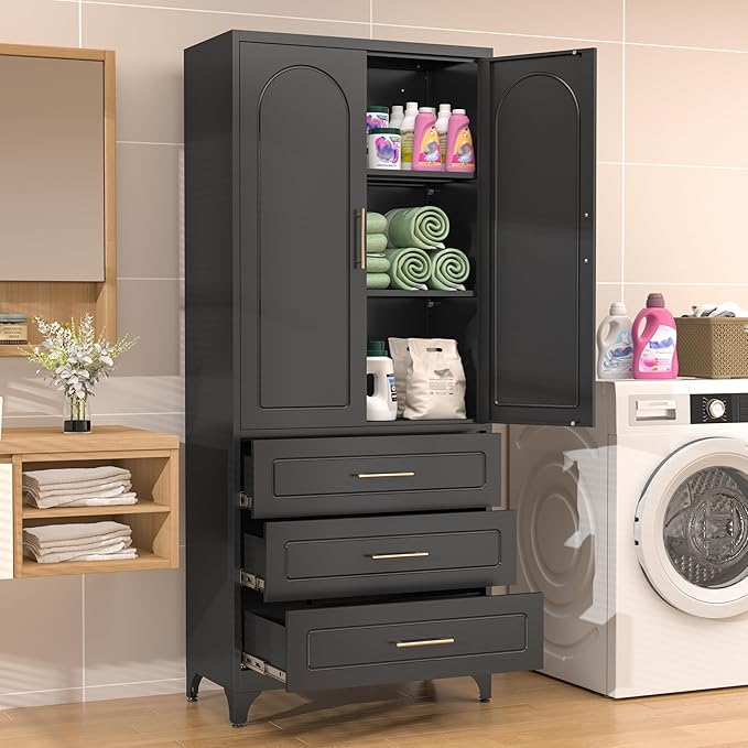 75??Tall Kitchen Pantry Cabinet,Metal Storage Cabinets with Doors and Adjustable Shelves,Modern Kitchen Hutch Cabinet,Freestanding Cupboard for Dining Room
