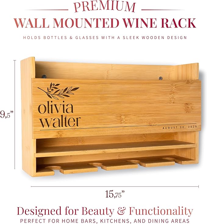Personalized Wine Rack - Wall Mounted Custom Engraved Holder for 4 Bottles and Glasses - Ideal Gift for Wine Lovers, Weddings, Housewarmings - Customized Names Gifts for Couples