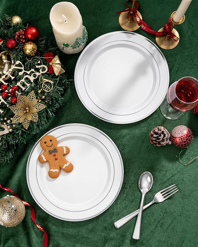 bUCLA 100Pieces Silver Plastic Plates - 10.25inch Silver Rim Disposable Dinner Plates - Ideal for Weddings, Parties