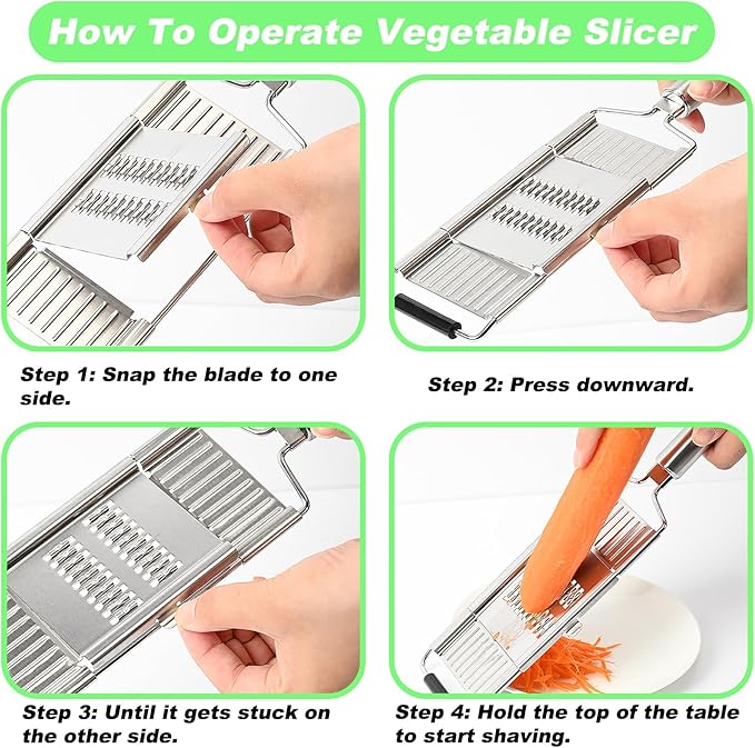 Suuker 4 in 1 Vegetable Cutter with Cheese Grater, Carrot Grater, Cabbage Shredder, Stainless Steel Mandoline Slicer for Kitchen