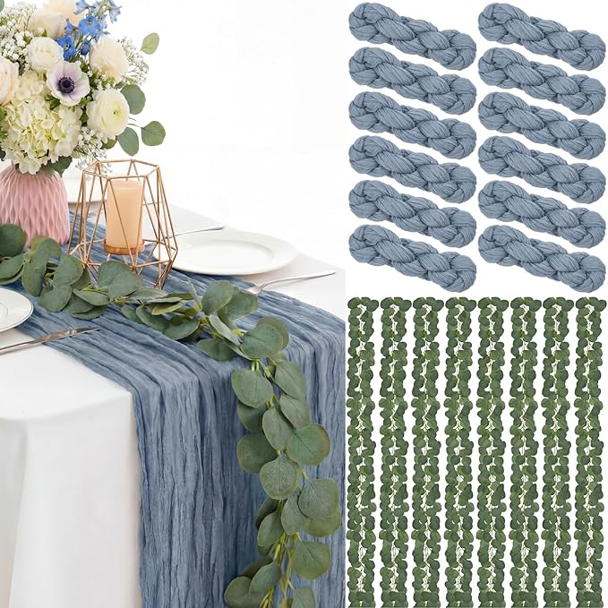 Gilprop 60 Pack Dusty Blue Cheesecloth Table Runner Decor Set 10 ft Table Runner & 7.9ft Artificial Eucalyptus Garland Boho Gauze Fabric Centerpiece for Wedding, Bridal Baby Shower, Party Decorations