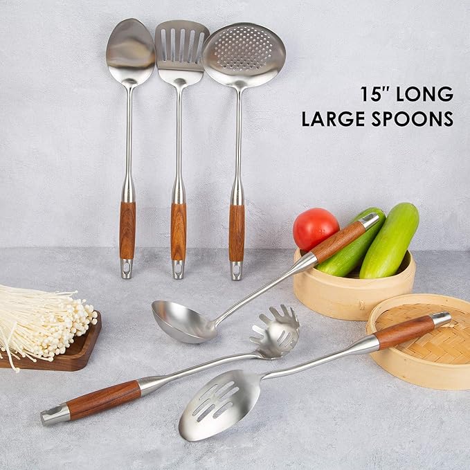 18/10 Stainless Steel Kitchen Utensils Set with Wood Handle - 15??Long Metal Cooking Tools - Serving Solid/Slotted Spoon, Tunner, Skimmer, Soup Ladle, Spaghetti Spoon, Large Spoons Set of 6