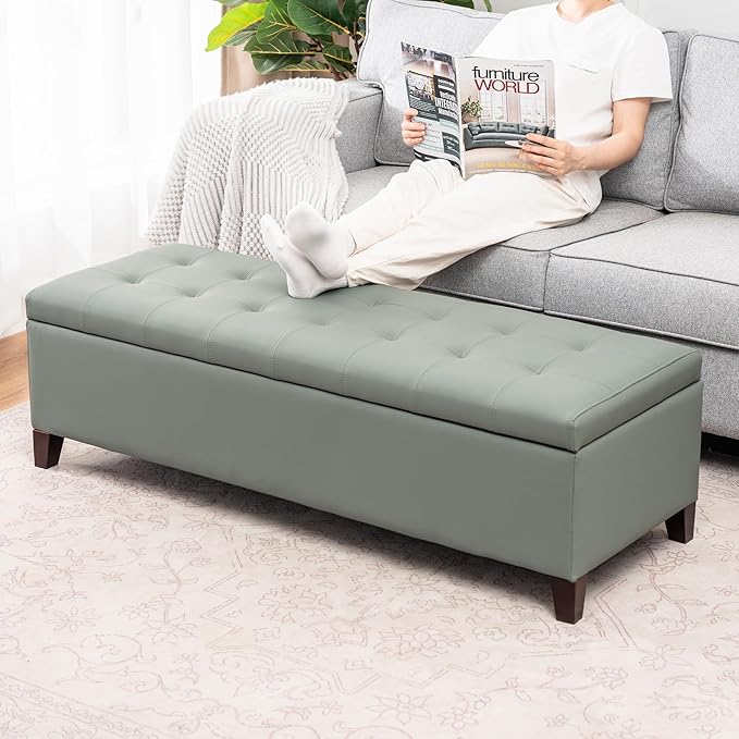 DECO DE VILLE Ottoman with Storage, 51 Inch End of Bed Storage Ottoman Bench, Faux Leather Upholstered Ottomans with Hinged Lid, Rectangle Long Foot Rest Bench for Living Room Bedroom Light Green