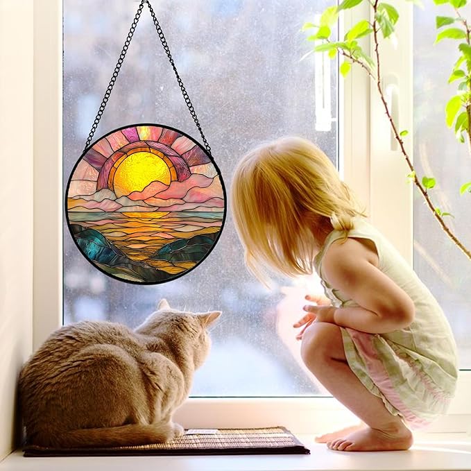 Stained Glass Window Hanging, Sunrise Over The Sea Suncatcher Diamond Glass Panel Hangings Abstract Sun Catchers Decor for Birthday for Women, Men, Wife, Aunt, and Mom 9.8 in