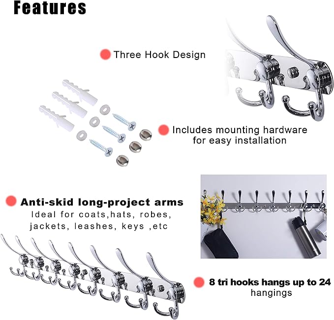 Dseap Coat Rack Wall Mount - 29.5??Long 8-Tri-Hooks Heavy Duty Coat Hanger Rail Wall Hooks for Hanging Coats Hats Clothing Clothes Purse Mudroom Entryway, Chromed