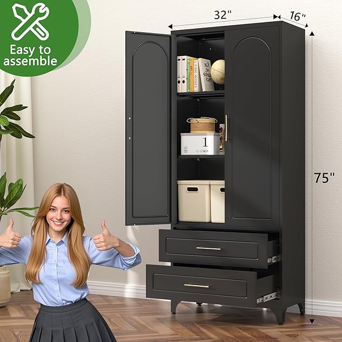 75??Metal Kitchen Pantry Storage Cabinet, Tall Storage Cabinets with Drawers and Adjustable Shelves, Modern Kitchen Hutch Cabinet竊똅reestanding Cupboard for Dining Living Room