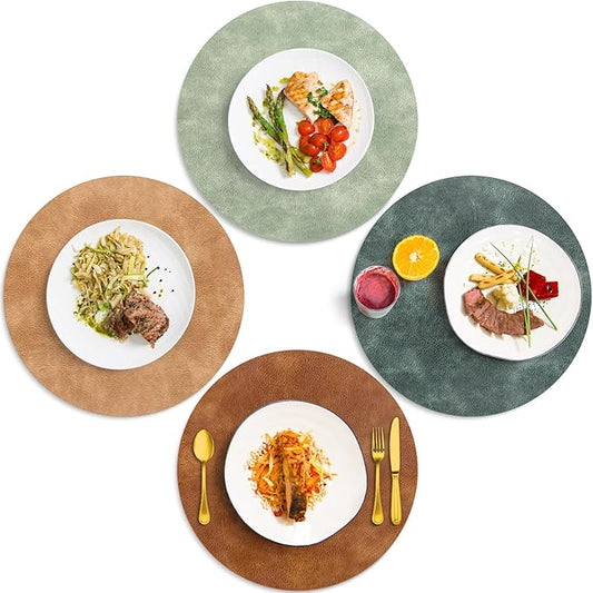 ADRIMER Placemats, Heat Resistant Round Placemats Set of 4 Washable, Waterproof Table Mats, Wipeable Faux Leather Place Mats for Kitchen, Dining Room, Turmeric Brown+Light Brown+Green+Blue