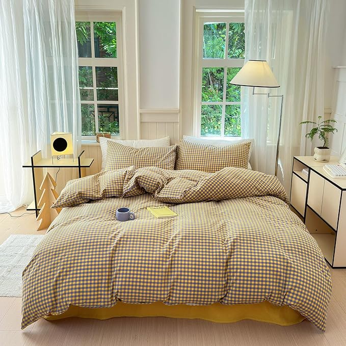LifeTB Gingham Comforter Set King Modern Style Checkered Plaid Printed Bedding Comforter Set 3 Pieces Boho Grid Comforter King Fluffy Soft Purple Yellow Gingham Bedding Comforter with 2 Pillowcases