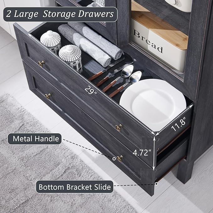 71" Tall Arched Kitchen Pantry Cabinet, Wood Kitchens Storage Cabinets with 2 Large Drawers and Adjustable Shelves, Modern Farmhouse Versatile Cupboard for Kitchen, Dining Room, Bathroom, Grey