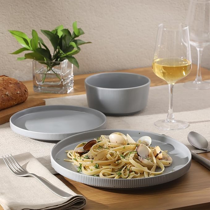 Gibson Home Dempsey Road 12-Piece Stoneware Dinnerware Set ??Service for 4, Round Grey Plates and Bowls, Durable Solid Color Modern Embossed Dish Set, Microwave & Dishwasher Safe