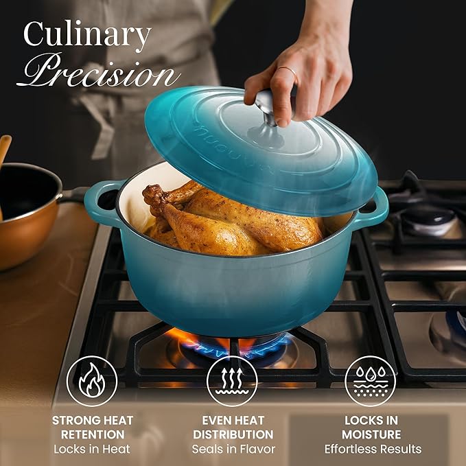 Nuovva Enamelled Cast Iron Dutch Oven Pot with Lid ??6.4 Quart Non Stick Casserole Pot ??Heavy Duty & Oven Safe up to 500째 F for Bread Baking, Braising, Stews, Roasting ??28cm Teal