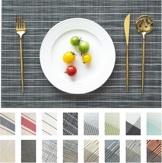 SUMYMERY Placemats Set of 12 Vinyl/Plastic Woven Place Mats for Kitchen Table Indoor/Outdoor Washable Placemat Wipeable Dining Table Mats (Black Stripes,12)