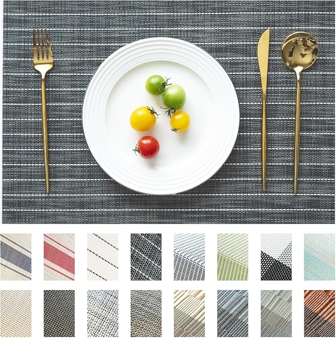 SUMYMERY Placemats Set of 4 Vinyl/Plastic Woven Place Mats for Kitchen Table Indoor/Outdoor Washable Placemat Wipeable Dining Table Mats (Black Stripes,4)