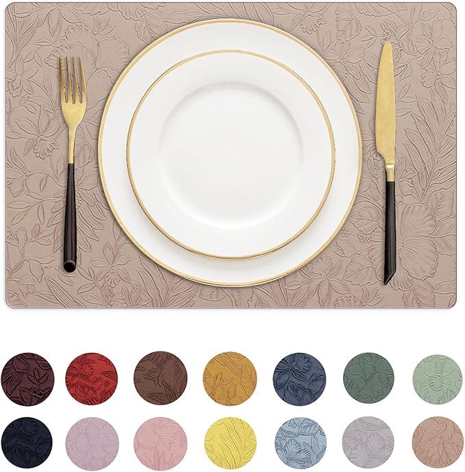 Romanstile Vinyl Placemats Set of 6-12 X 18 Inch - Heat Resistant Non-Slip Embossed Floral Place Mats 100% Waterproof Oilproof Wipeable Faux Leather Table Mats for Kitchen/Dining/Party, Khaki