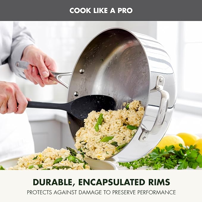 GreenPan Valencia Tri-Ply Stainless Steel 5QT Saute Pan with Lid, Induction Ready, Mirror Finish, Dishwasher Safe & Oven/Broiler Safe to 600F, Compatible with All Cooktops, Silver