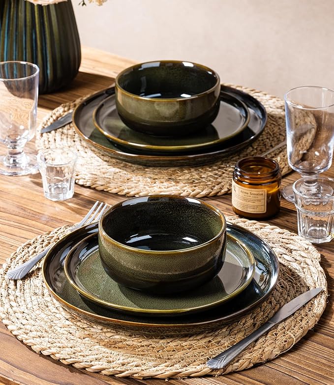 TheTerra Ceramic Dinnerware Sets for 4, 12 Pieces Handmade Reactive Glaze Plates and Bowls Set, Scratch Resistant Dish Set, Oven & Microwave & Dishwasher Safe, Olive Green