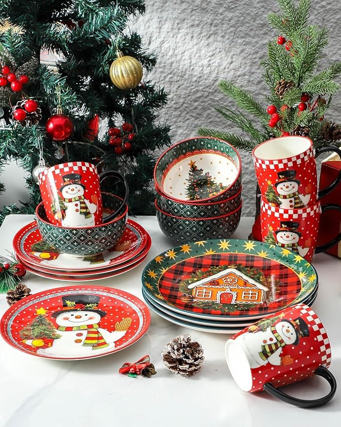 HASENSE Coffee Mugs, 15 OZ Coffee Cups Ceramic Set of 4 with Handle and Snowman Patterns for Man Woman, Colorful Christmas Porcelain Coffee Cups Set for Tea, Cocoa, Milk, Latte and Cappuccino