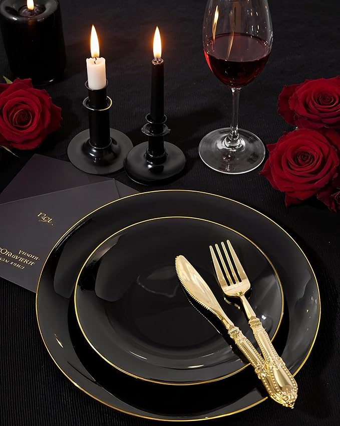 Nervure 100 Pieces Black Plastic Plates - 7.5inch Black Dessert Plates - Disposable Gold Plastic Plate - Disposable Plate Ideal for Wedding & Party & New Year