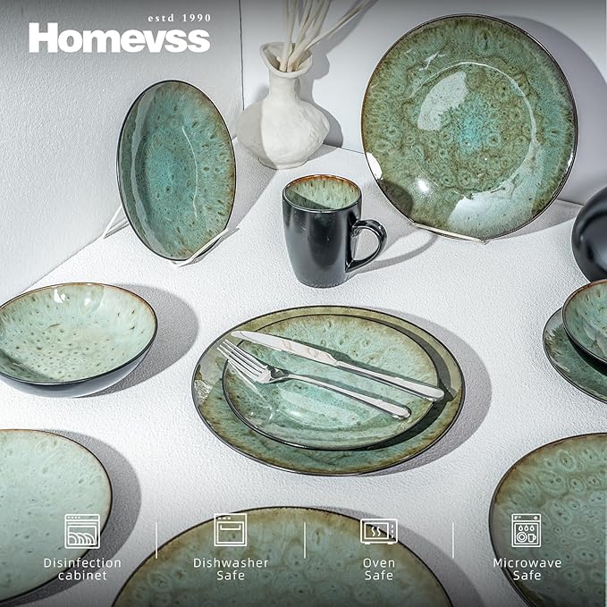 Stoneware Dinner Set Reactive Glaze (16pc Set, Java Green)