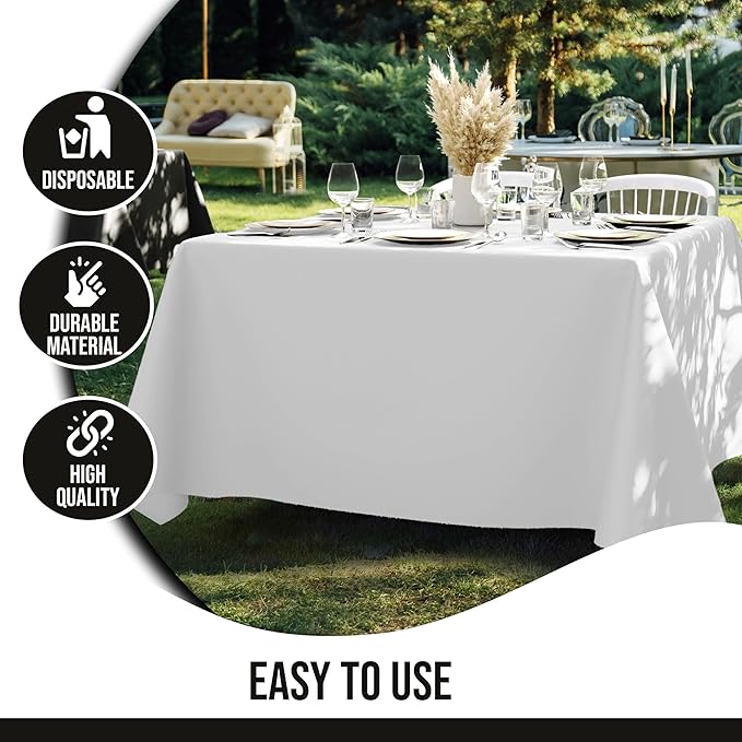 Party Solids 12-Pack White Square Plastic Disposable Tablecloth ??Size: 85 횞 85 Inches ??Square Table Cover for Parties, Picnics & Formal Events