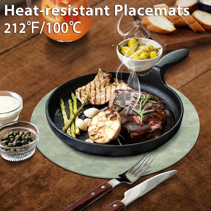 ADRIMER Placemats, Heat Resistant Round Placemats Set of 6 Washable, Waterproof Table Mats, Wipeable Faux Leather Place Mats for Kitchen, Dining Room, Green