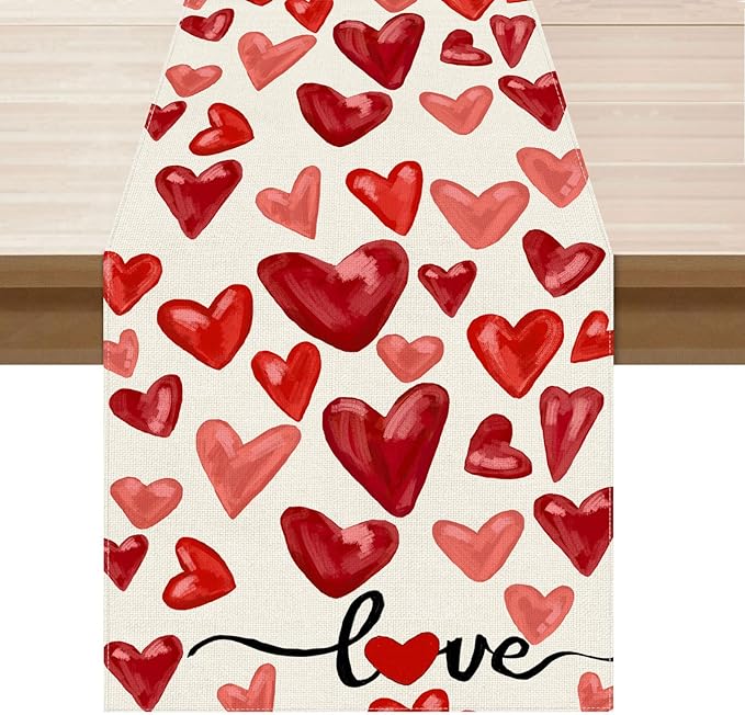 XCHI Watercolor Red Love Hearts Valentine?셲 Day Table Runner Table Decoration for Party Home Kitchen Dining Holiday Decor 13x36 Inch