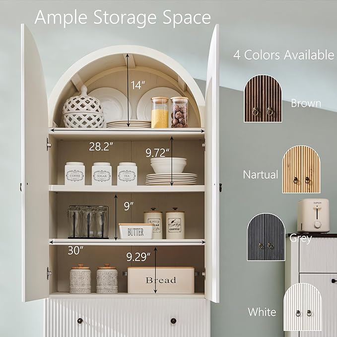 71" Tall Arched Pantry Cabinet, Fluted Kitchen Storage Cabinet with Adjustable Shelves and 2 Large Drawers, Freestanding Morden Versatile Cupboard for Living Room, Bathroom, White