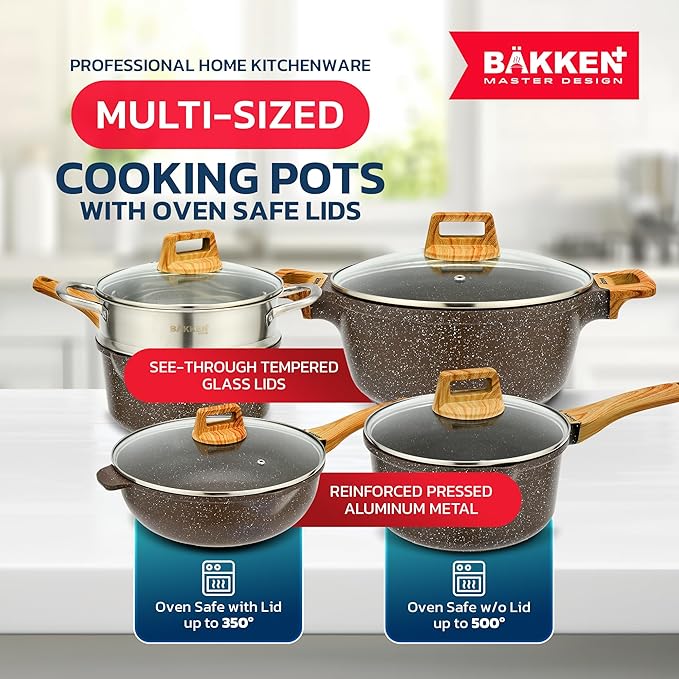 Bakken Master 20 Piece Cookware Set - Pots and Pans with Handle Grips and Tempered Glass Lids, With 6-piece Bakeware Set, Nonstick Granite Coating, Ceramic Max Temperature (Up To 500째F), Brown Marble