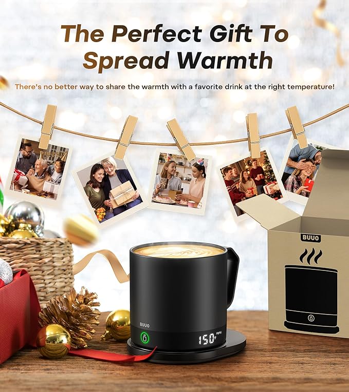 Heated Coffee Mug Rechargeable - Temperature Control Self Heating Coffee Mug 14oz with Lid, Double Sided & Real-Time LED Display, Hot up to 150?? Birthday Gifts for Women and Men(Black)