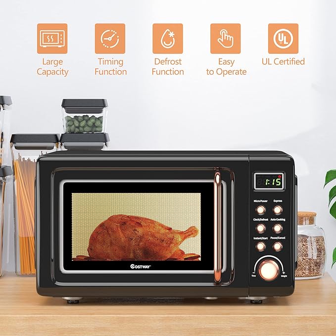 COSTWAY Retro Countertop Microwave Oven, 0.7Cu.ft, 700-Watt, High Energy Efficiency, 5 Micro Power, Delayed Start Function, with Glass Turntable & Viewing Window, LED Display, Child Lock (Gold)