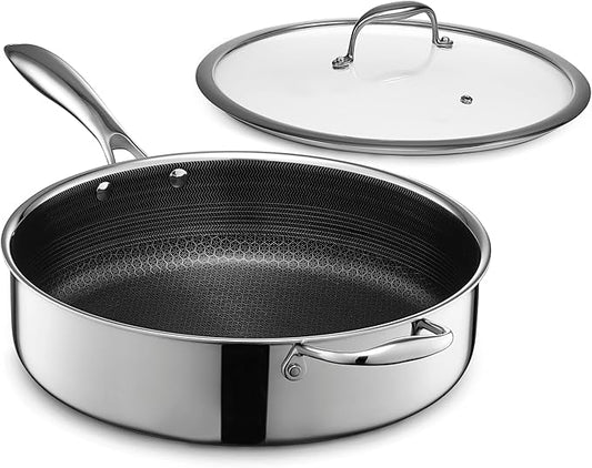 HexClad Hybrid Nonstick 5.5-Quart Deep Saut챕 Pan with Tempered Glass Lid, Stay-Cool Handle, Dishwasher-Friendly, Oven-Safe Up to 900째F, Induction Ready, Compatible with All Cooktops