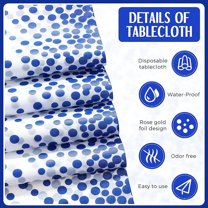 Tudomro 16 Pcs White and Royal Blue Disposable Plastic Tablecloths and Satin Table Runner Set 54x108 Inch Tablecloth 12x108 Inch Table Runners for New Year Wedding Birthday Baby Shower Graduation