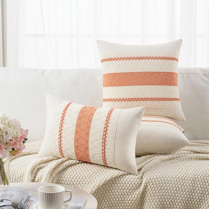 Fancy Homi Set of 2 Boho Coral Decorative Throw Pillow Cover 16x16 Inch for Couch Bed Sofa, Aesthetic Modern Organic Farmhouse Home Decor, Soft Cotton Cute Accent Macrame Woven Cushion Case