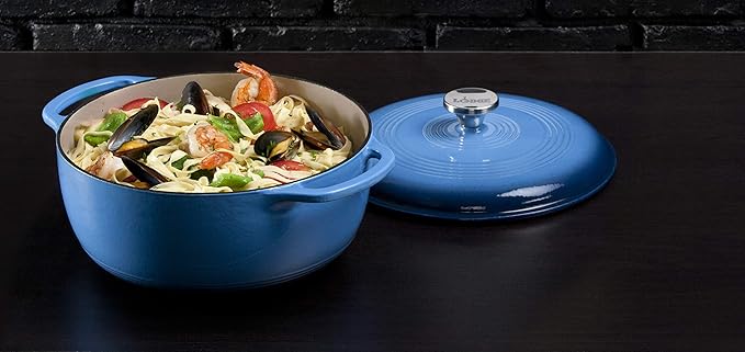 Lodge 6 Quart Enameled Cast Iron Dutch Oven with Lid ??Dual Handles ??Oven Safe up to 500째 F or on Stovetop - Use to Marinate, Cook, Bake, Refrigerate and Serve ??Blue