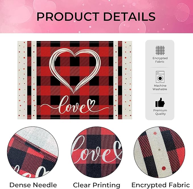 Valentine Placemats Set of 4, 12x18 Inch Buffalo Plaid Love Hearts Table Mats, Seasonal Anniversary Holiday Valentines Day Table Decorations for Kitchen Dining Home Party Decor