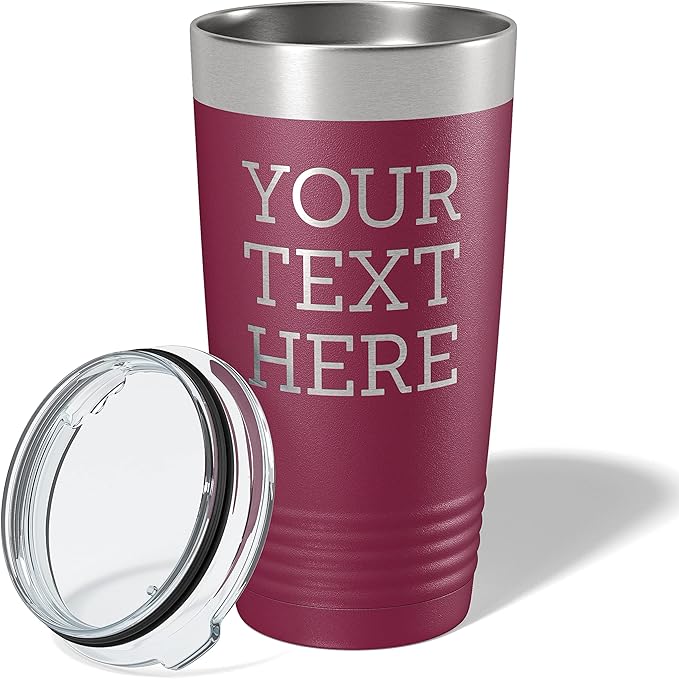 Personalized 20oz (17 Colors) Powder Coated Insulated Stainless Steel Tumbler with Lid, Custom Etched, Customized Text Message Name, Engraved Gift Idea Women Men Him Her, Your Text Here (Maroon)