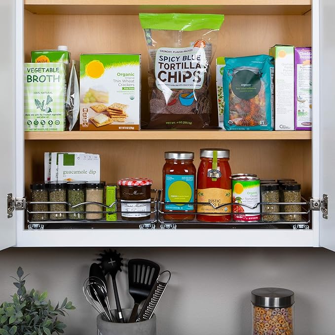 Pull Out Cabinet Organizer for Spices, Cans - Heavy Duty with Lifetime Limited Warranty- Pull Out Spice Rack- Cabinet Pull Out Shelf for Cans,Dishes, Etc, 14-3/8"Wx 10-1/2"D x 2-3/4??H, Chrome