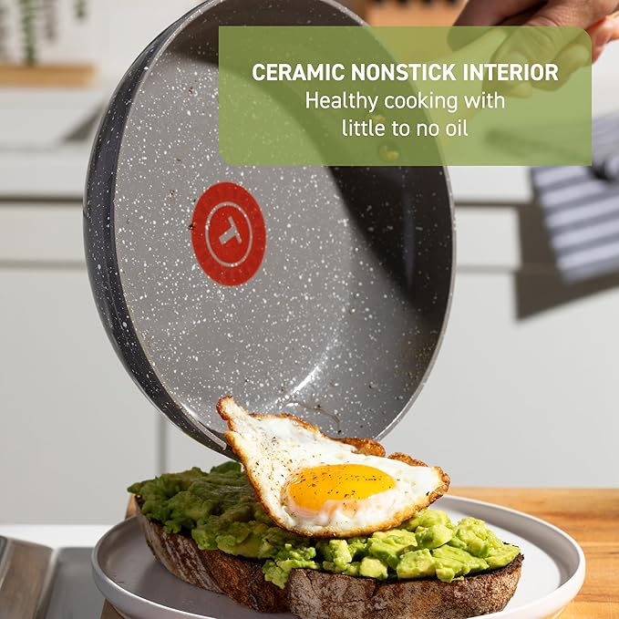T-fal Revive Ceramic Cookware Sets, Pots and Pans Set Nonstick, (12 pieces), Ceramic Non stick Coated, Frying Pan, Oven Safe Up To 350째F, Grey Granite