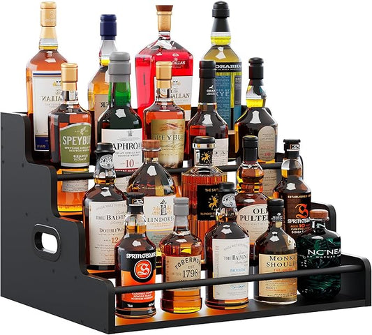 19.6?쓂 x 15.74" D x 12.5" H Inches Versatile 4-Step Coffee Syrup & Water Bottle Organizer Rack Multi-Functional Retro Display Shelf for Kitchen or Bar, Holds Liquor & Spirits, Black