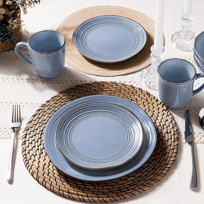 Famiware Plates and Bowls Sets 24-Piece Stoneware Dinnerware Sets, Dishes Set for 8, Hand-made Reactive Glaze Dish Set, Twilight Series, Blue