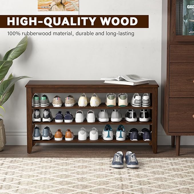 Taitiy Shoe Bench Storage Rubberwood, Entryway Bench with 3-Tiers Height Adjustable, Shoe Rack Front Door Entrance Organizer for Hallway Living Room, Mudrooms, Walnut,39.4"