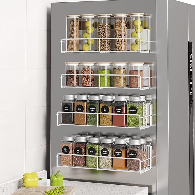 4 Pack Magnetic Spice Rack Organizer, Space Saver for Refrigerator and Microwave Oven, Metal Fridge Shelf, White