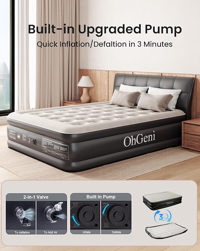 OhGeni Air Mattress Queen with Built in Pump, Inflatable Mattress Blow Up Mattress 18 Raised Comfort,Upgraded Surface Portable Bed, Air Bed for Home, Guest, Camping, Colchone Inflable, 650 lbs